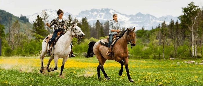 Confident plus-size woman riding Falkirk a horse through a field with a smile on her face.